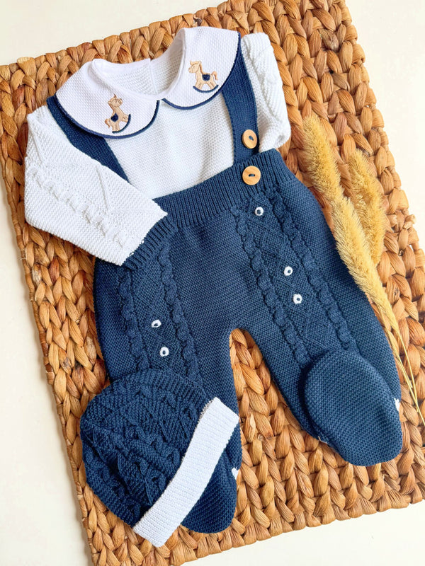 Rocking Horse Collar Double Suspender Buttons Knit Romper in Dark Blue and White