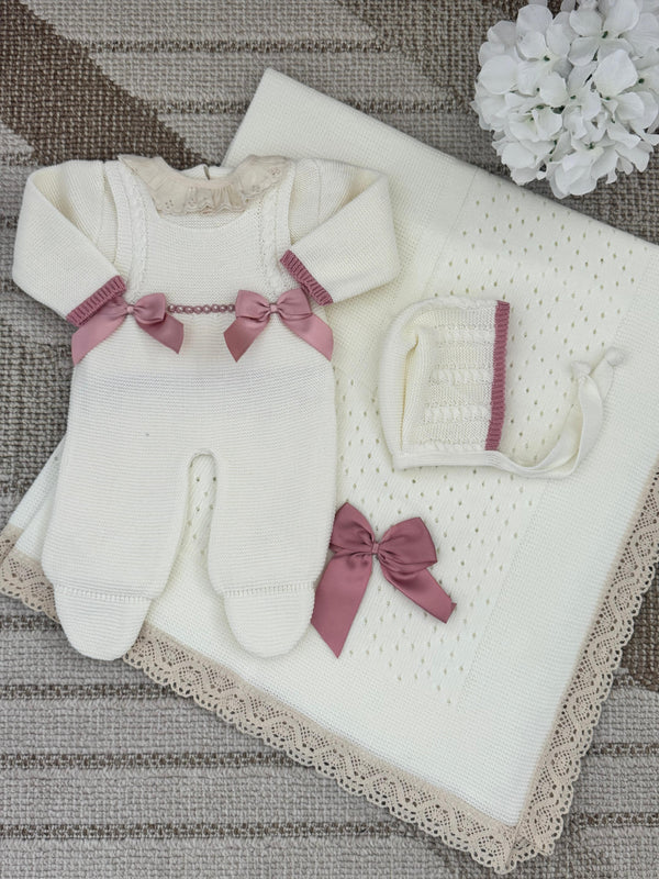 Double Bow Cable Knit Suspenders Bundle - Ivory and Old Pink