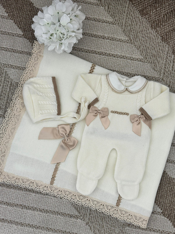 Double Bow Cable Knit Suspenders Bundle - Ivory