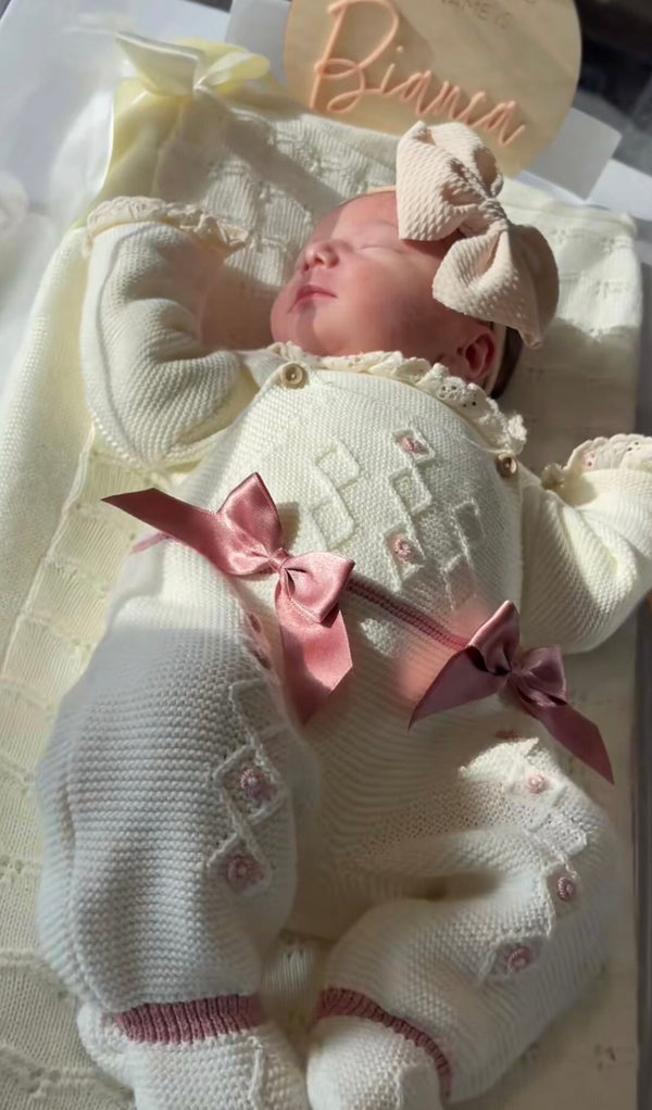 Diamond Knit Romper Set In Ivory and Old Pink