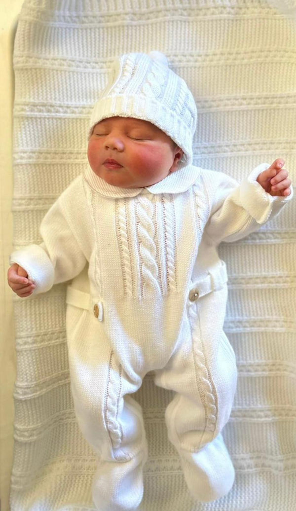 Wooden Waist Buttons Cable Knit Stripes Romper Set in White