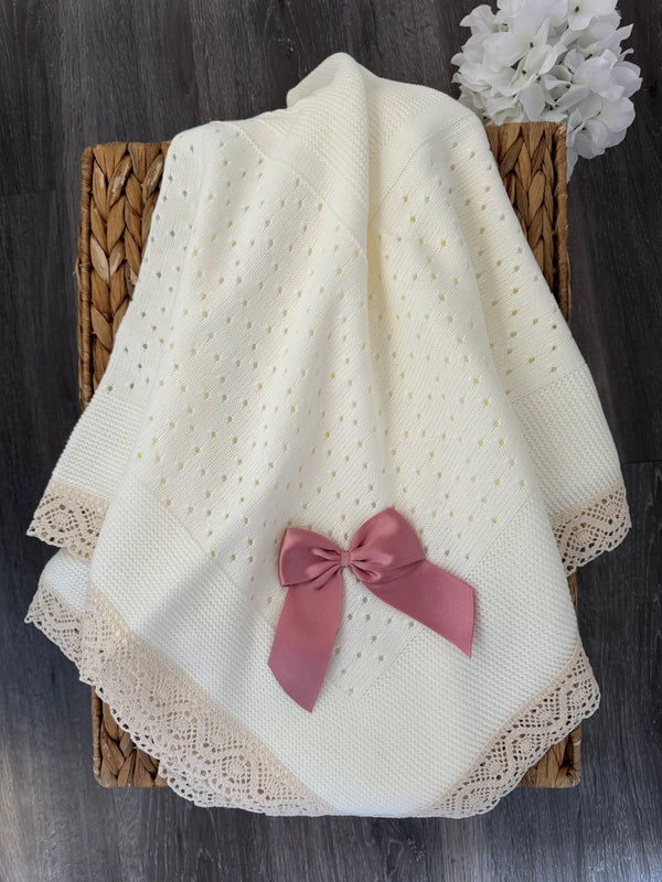 Baby Knit Blanket With Embroidered Lace Details And Satin Bow in Ivory and Old Pink