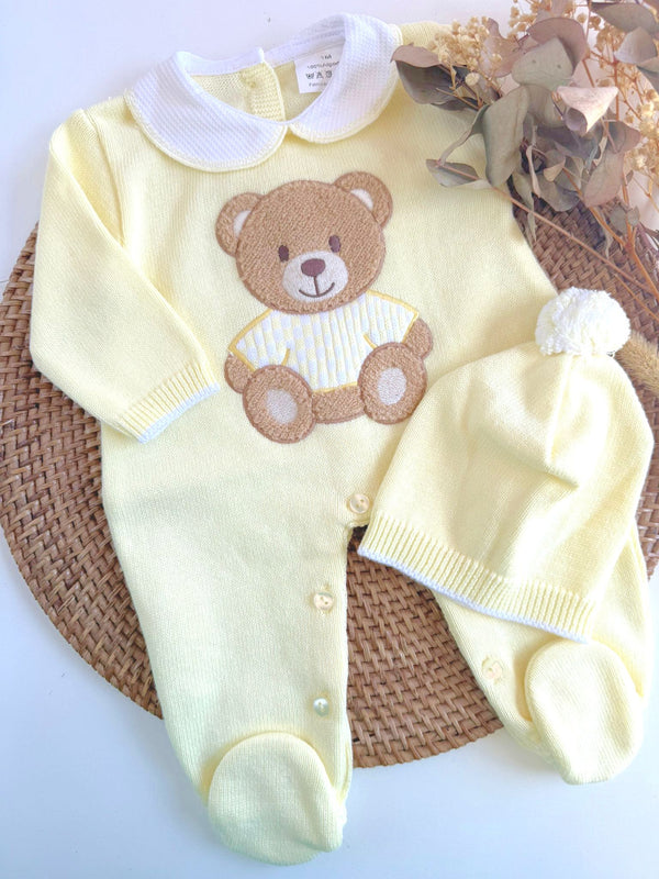 Teddy Hugs Baby Knit Romper in Yellow