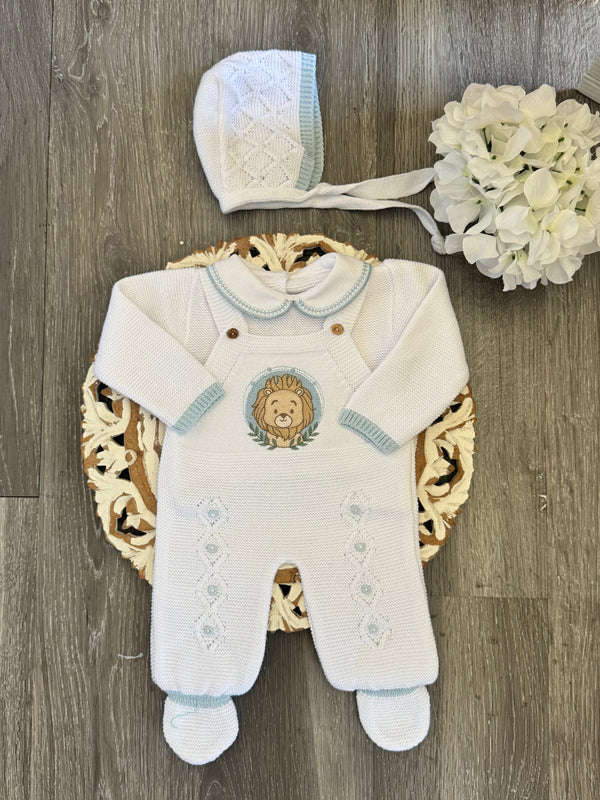 Lion Romper Knit Set In White and Sky Blue