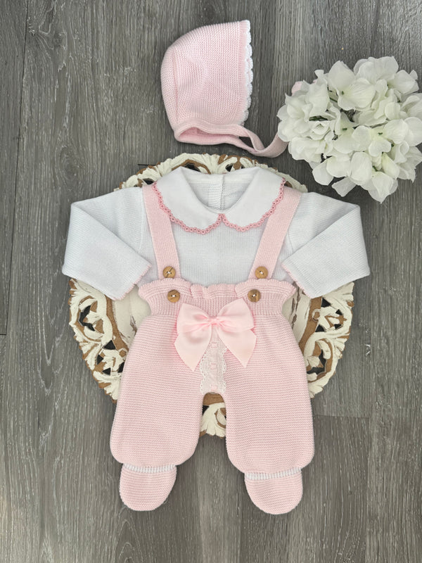 Baby Belle Bow Knit Romper Set in Pink and White