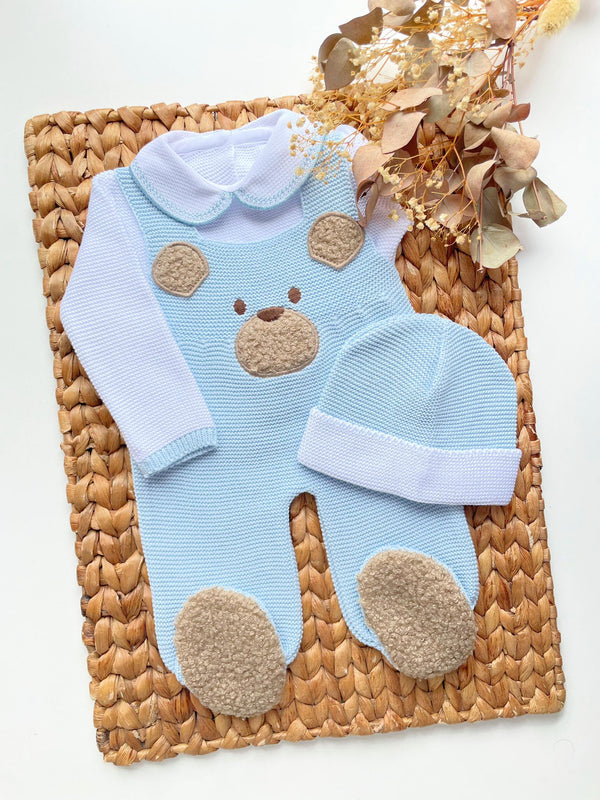 Bear Footie Knit Romper In Sky Blue and White
