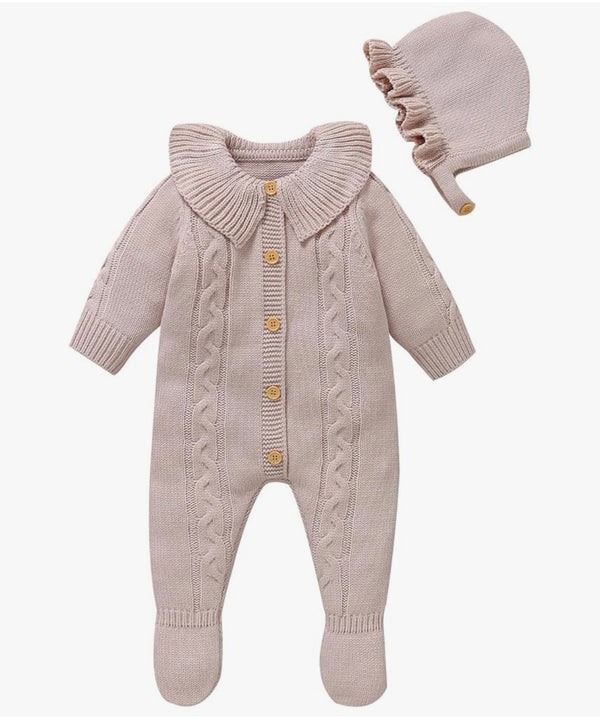 Cable Knit Romper With Delicate Collar Set in Sand Color