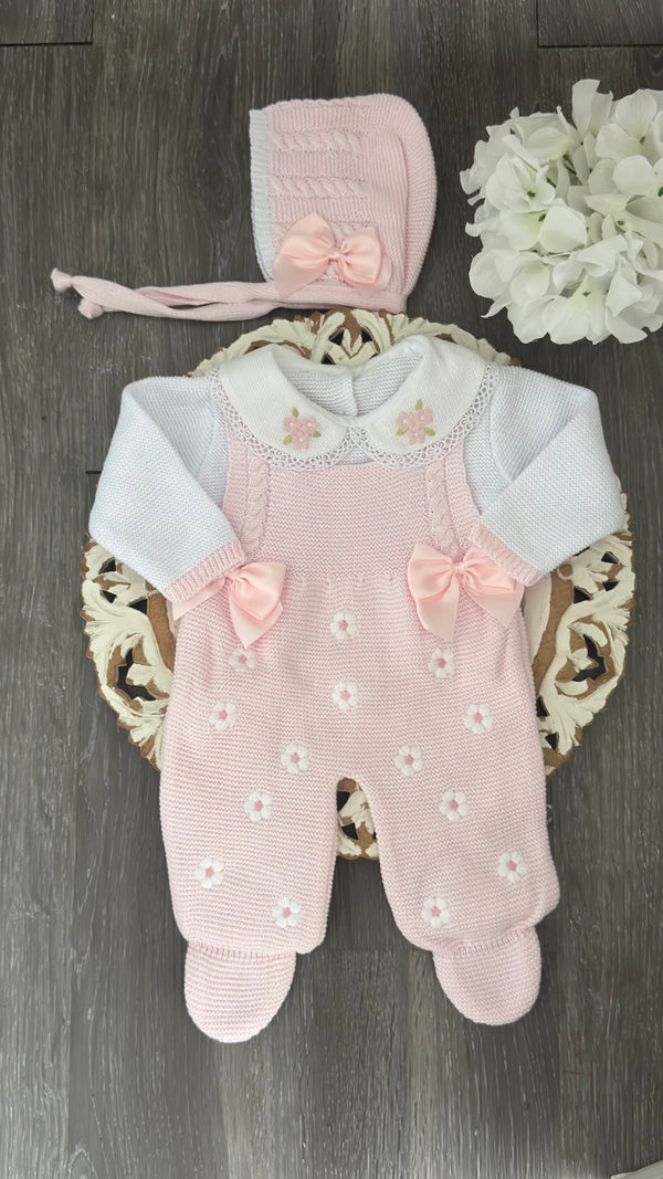 Rose Petal Lace Romper Knit Set in Pink and White