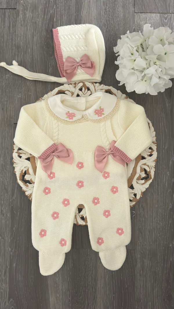 Rose Petal Lace Romper Knit Set Ivory and Old Pink