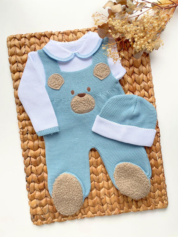 Bear Footie Knit Romper In Navy Blue and White