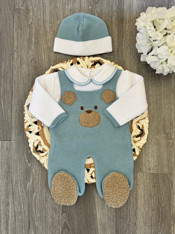 Bear Footie Knit Romper In Navy Blue and White