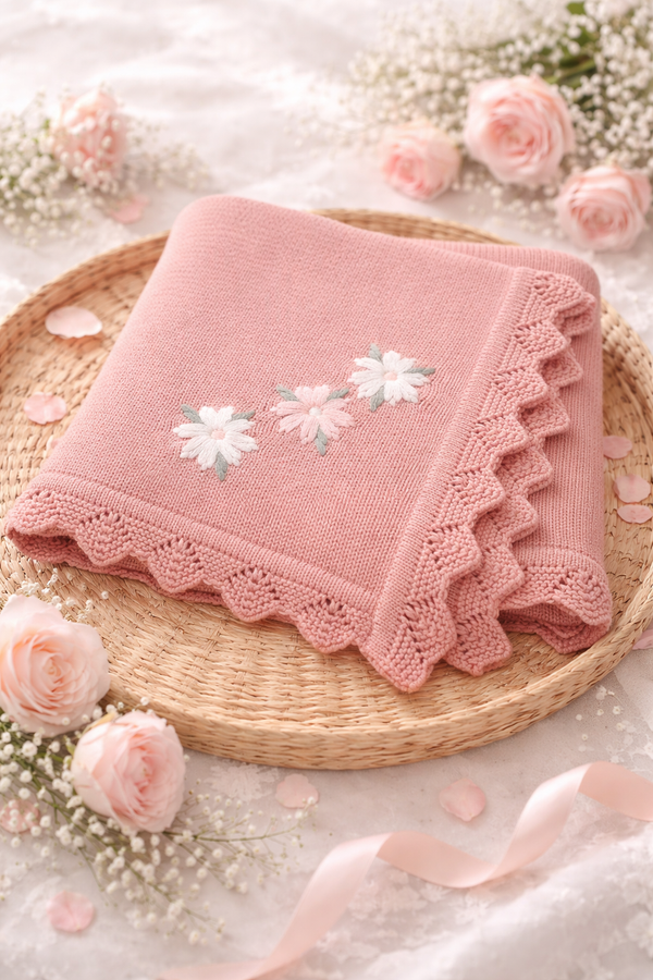 Old Pink Baby Knit Blanket With Embroidered Flowers