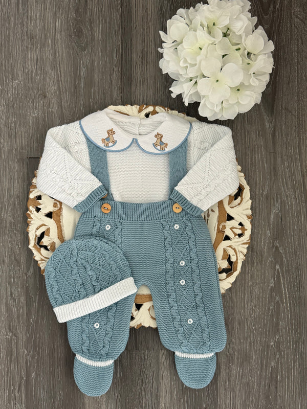 Rocking Horse Collar Double Suspender Buttons Knit Romper in Blue and White