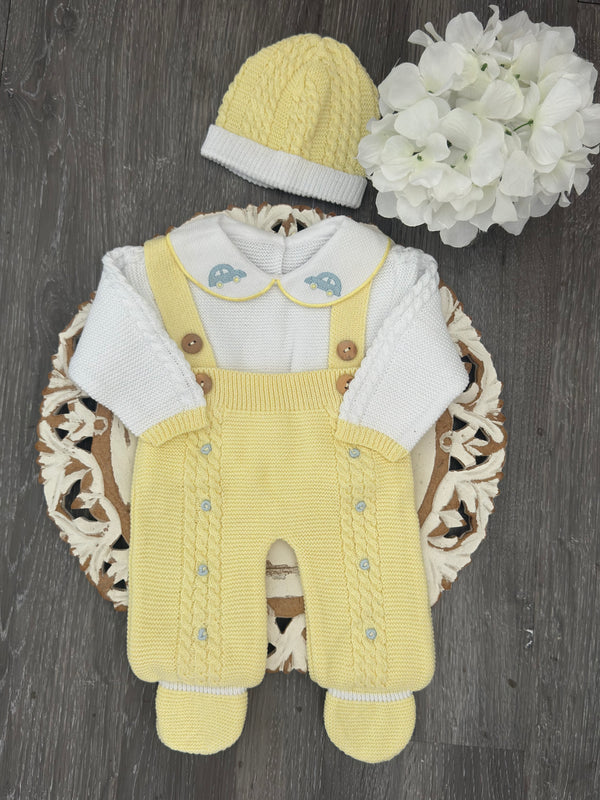 Toy Car Romper Knit Set in Yellow and White