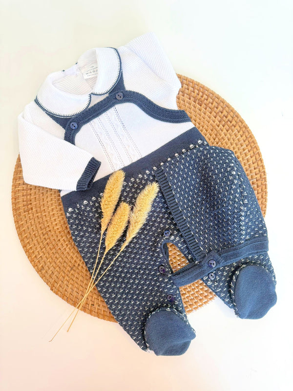 Luxe Knit Dots Rompers Set in Dark Blue and White