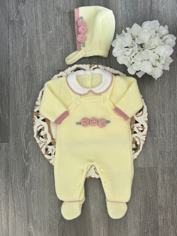 Knit Roses Romper Set in Yellow and Old Pink
