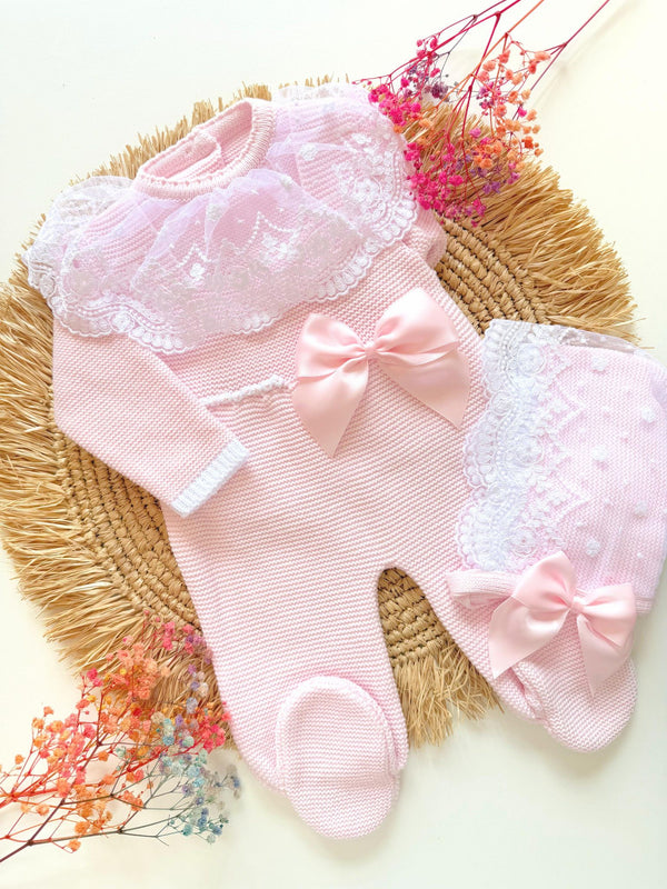 Bow and Lace Delight Romper Knit Set in Pink
