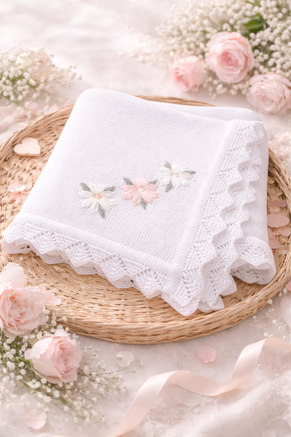 White Baby Knit Blanket With Embroidered Flowers