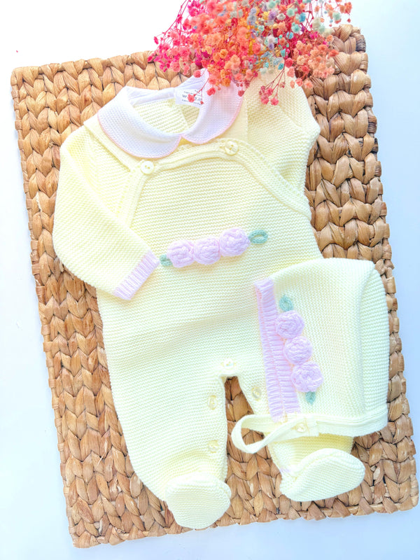 Knit Roses Romper Set in Yellow and Pink