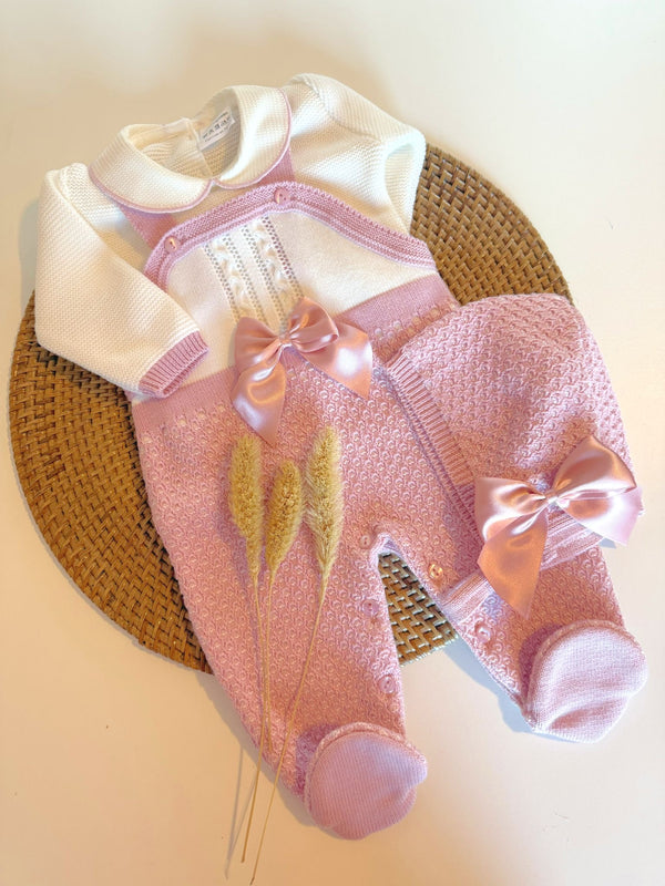 Luxe Knit Dots Rompers Set in Old Pink and Ivory