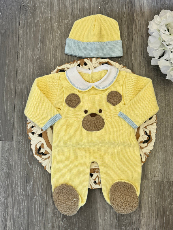 Bear Footie Knit Romper In Yellow and Sky Blue