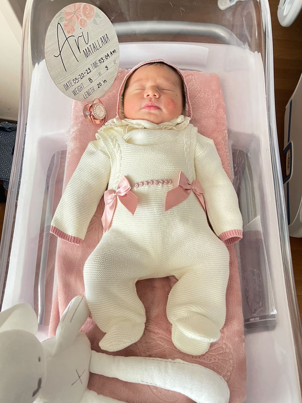 Double Bow Cable Knit Suspenders Romper Set in Ivory and Old Pink