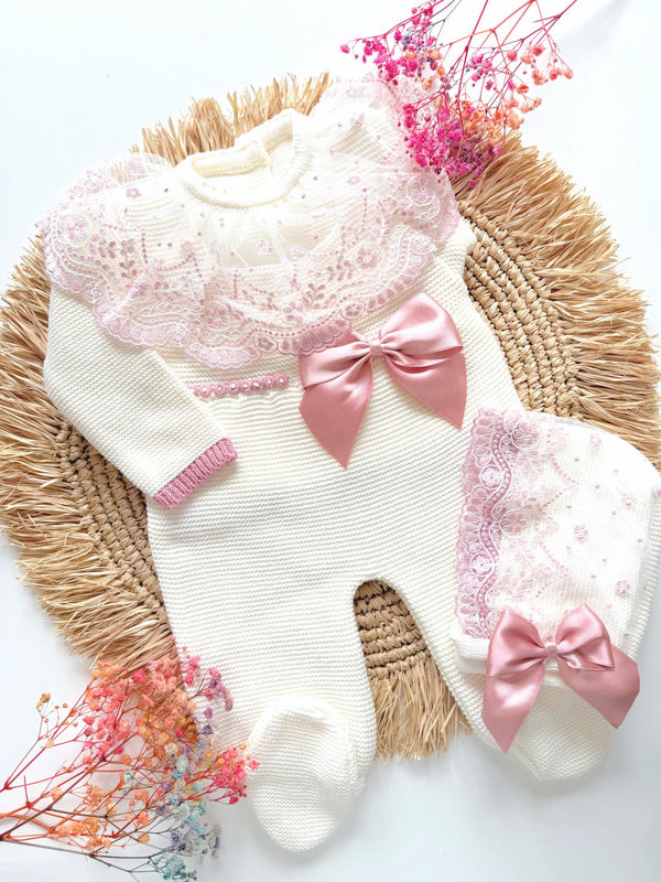 Bow and Lace Delight Romper Knit Set in Ivory and Old Pink