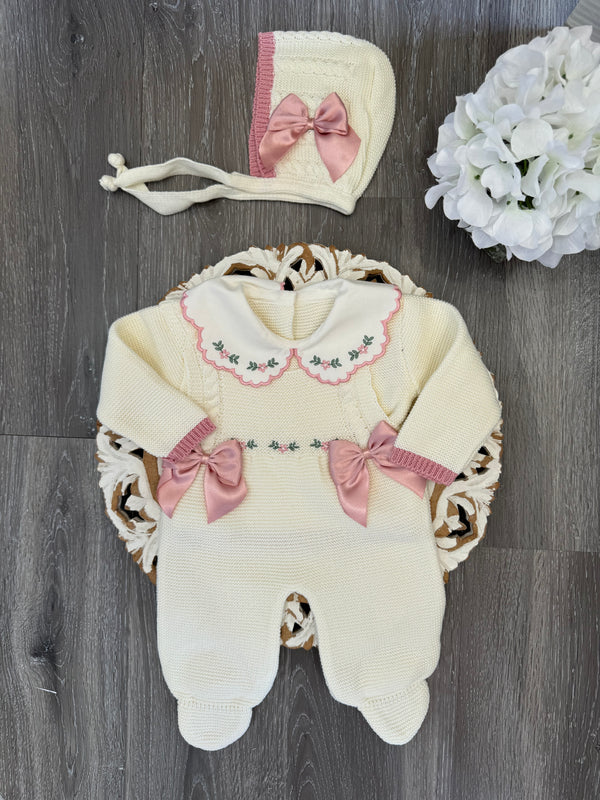 Floral Print Scallop Collar Knit Romper in Ivory and Old Pink