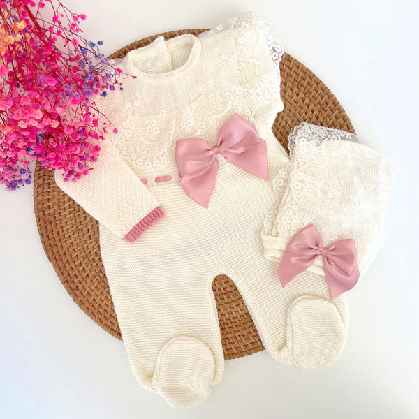 Bow and Lace Delight Romper Knit Set in Ivory and Old Pink