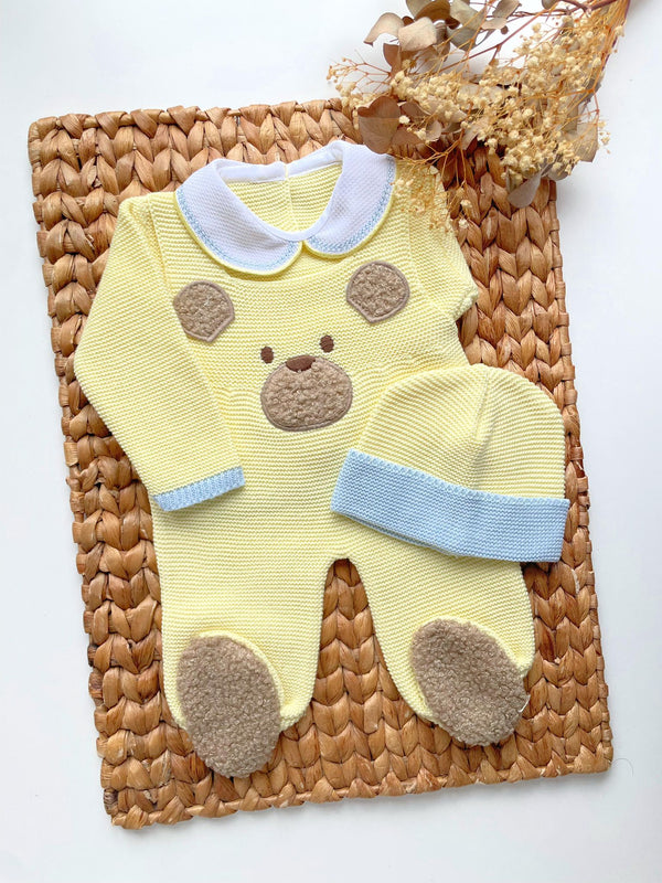 Bear Footie Knit Romper In Yellow and Sky Blue