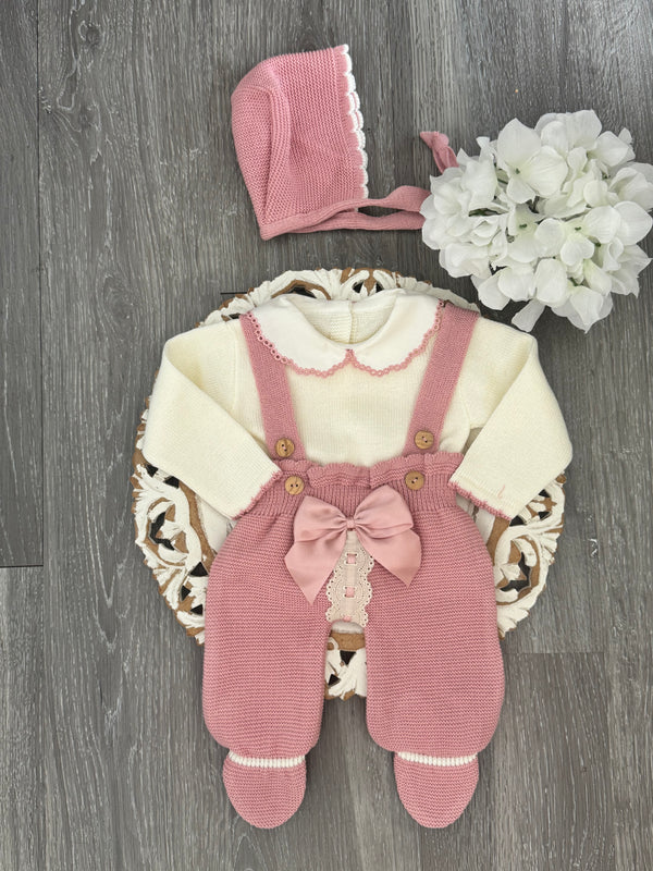 Baby Belle Bow Knit Romper Set in Old Pink and Ivory
