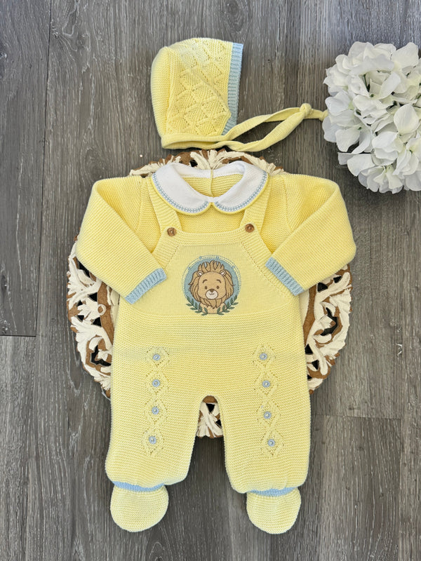 Lion Romper Knit Set In Yellow and Sky Blue