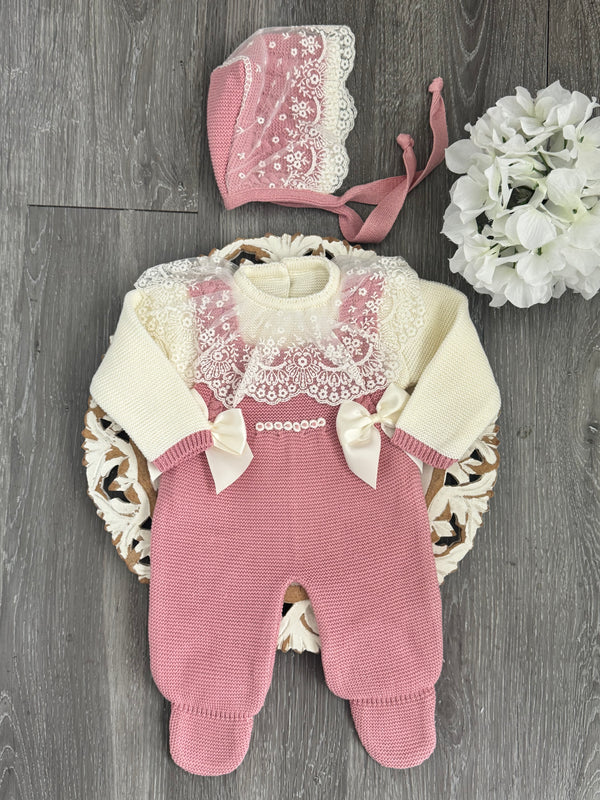 Two Bow Lace Delight Romper Knit Set in Old Pink and Ivory