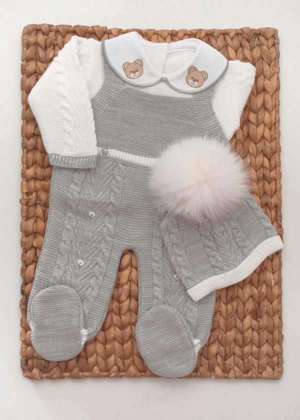 Honey Bear Knit Romper in Gray and White