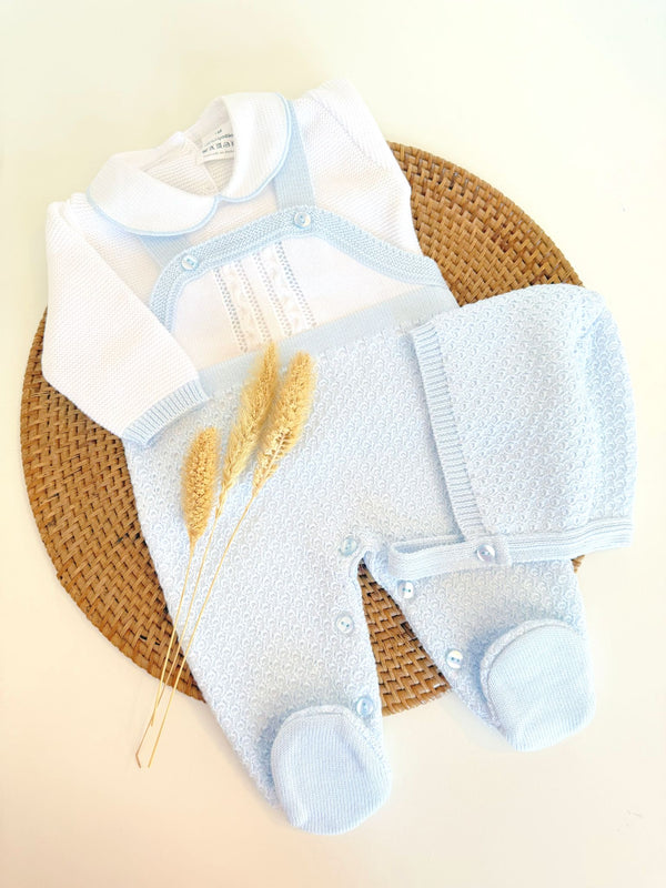 Luxe Knit Dots Rompers Set in Sky Blue and White