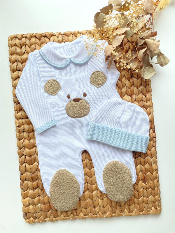 Bear Footie Knit Romper In White and Sky Blue