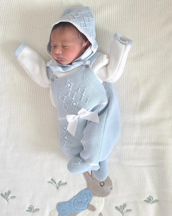 Diamond Knitted Detail Romper Knitted Set In White and Sky Blue