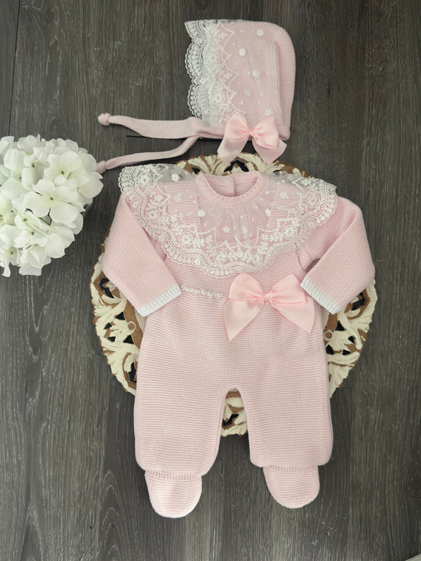 Bow and Lace Delight Romper Knit Set in Pink