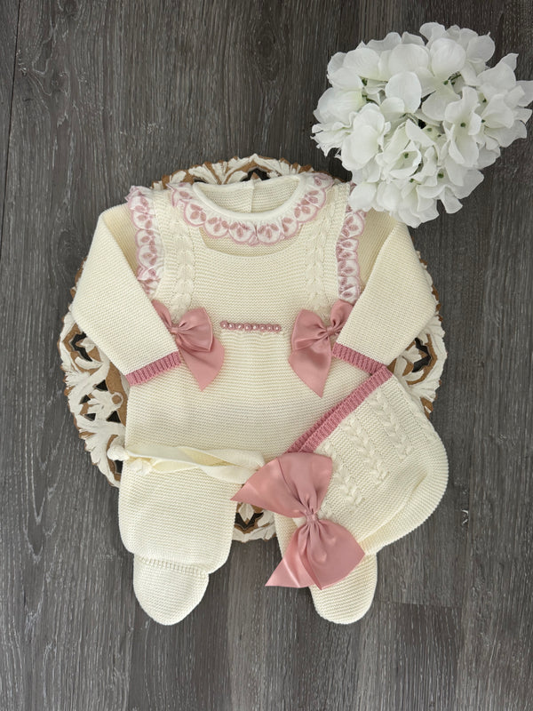 Rose Petal Lace Knit Romper Set in Ivory and Old Pink