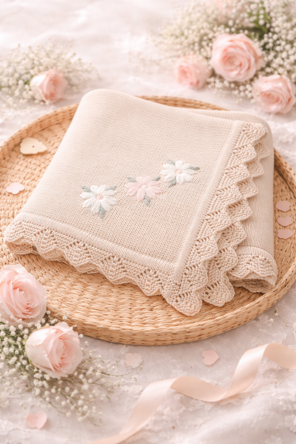 Sand Baby Knit Blanket With Embroidered Flowers