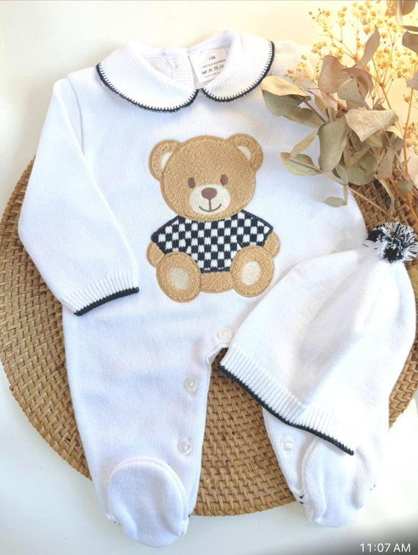 Teddy Hugs Baby Knit Romper in White and Navy Blue