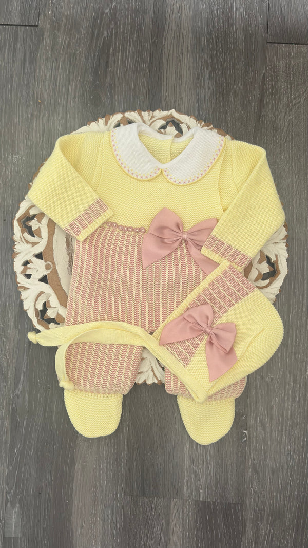 Delicate Knit Dot Line With Side Satin Bow Baby Set in Yellow and Old Pink