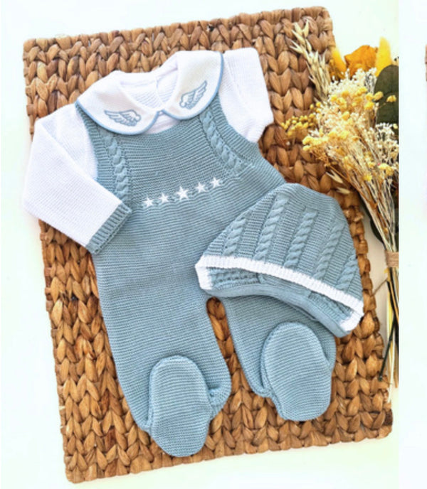 Little Knit Angel  Baby Romper in Blue and White