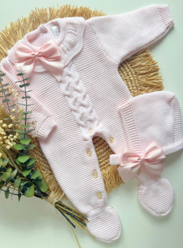 Big Satin Collar Bow Link Knit Pattern Baby Set in Pink