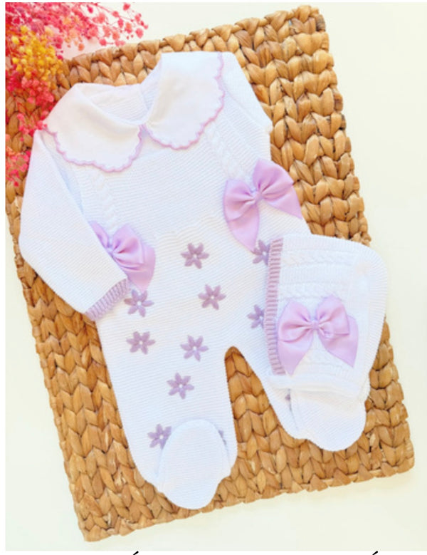 Rose Petal Lace Romper Knit Set White and Purple