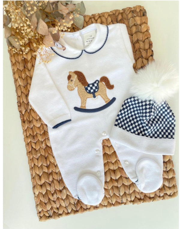Rocking Horsey Romper With Peter Pan collar in White and Navy Blue