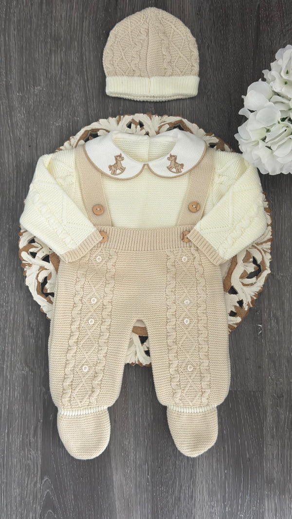 Rocking Horse Collar Double Suspender Buttons Knit Romper in Sand and ivory