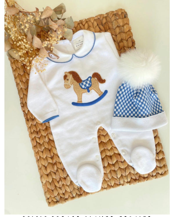 Rocking Horsey Romper With Peter Pan collar in White and Blue