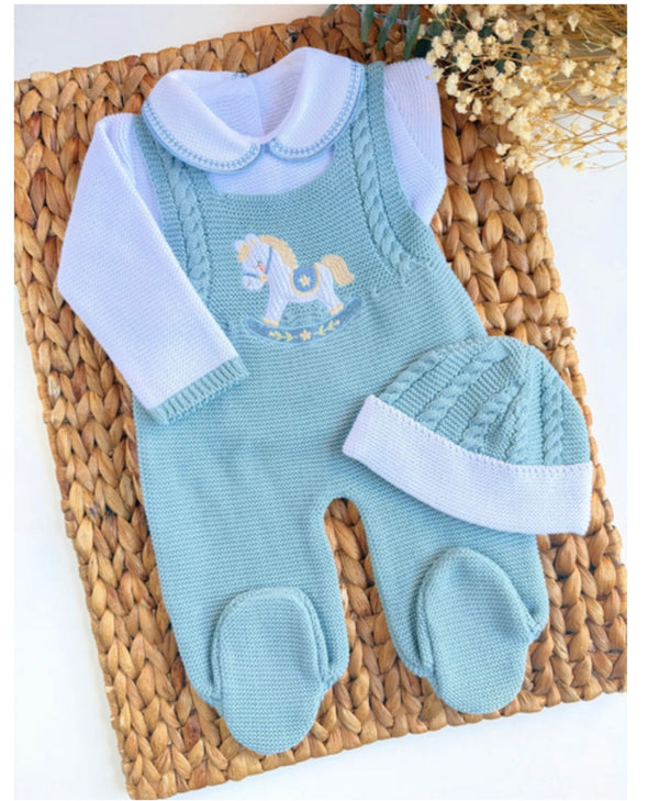 Little Knit Horsey Baby Romper in Blue and White