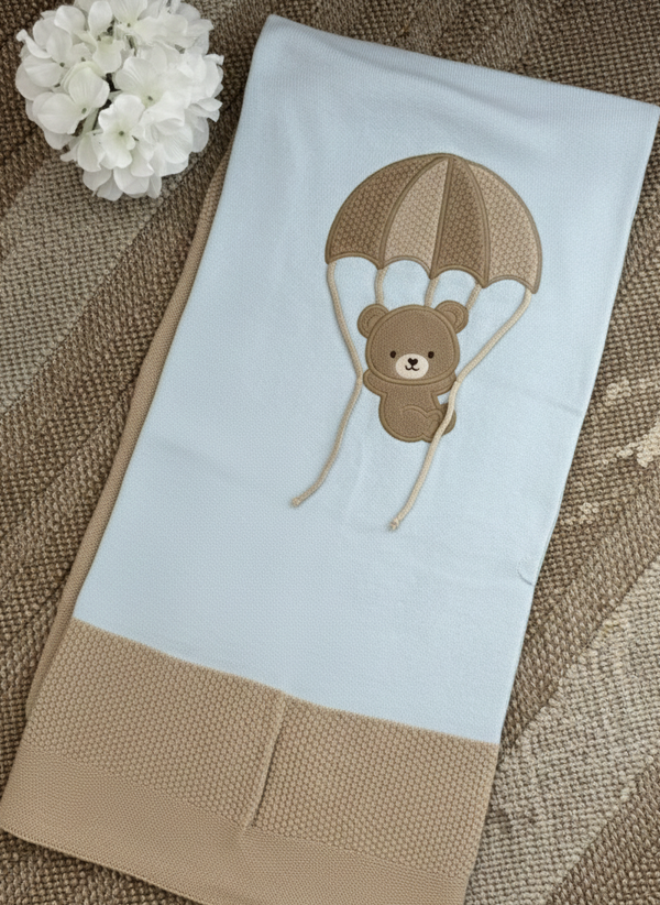 Sky Bear Baby Knit Blanket in Sky Blue and Brown
